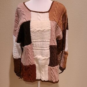 Hand Crafted Knitted Vintage Patchwork Cable Knit Sweater Brown Cream Tan Size L
